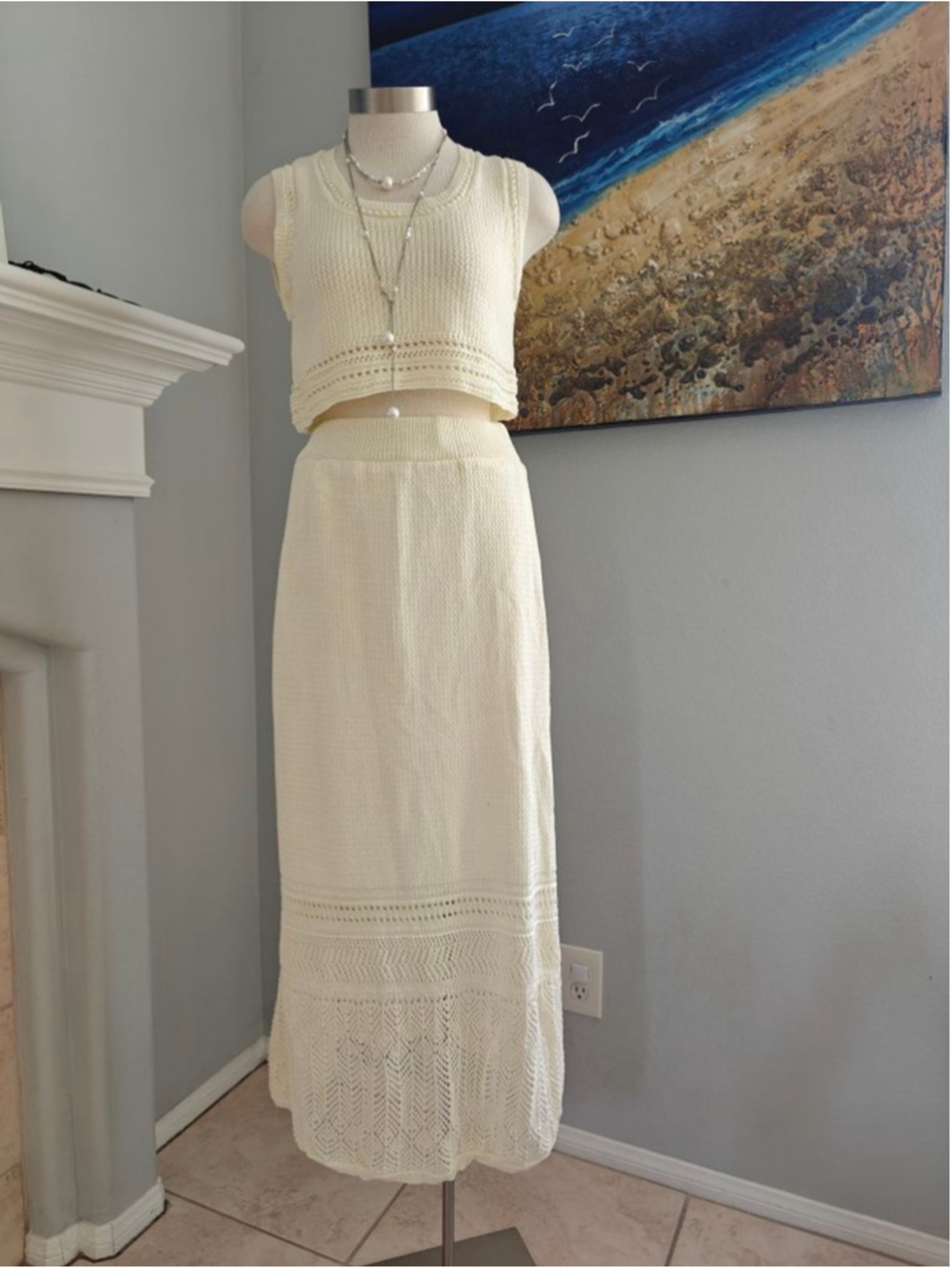 Women's Cream Knit Skirt Set